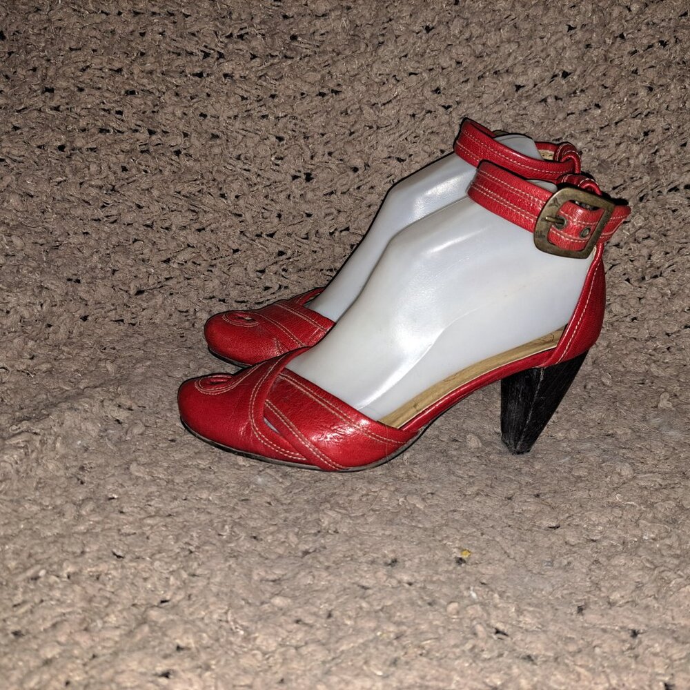 Vintage FLY GIRL/FLY LONDON-Red Leather Ankle Strap-Boho/Rockabilly-Sz 37-VG - Picture 2 of 8